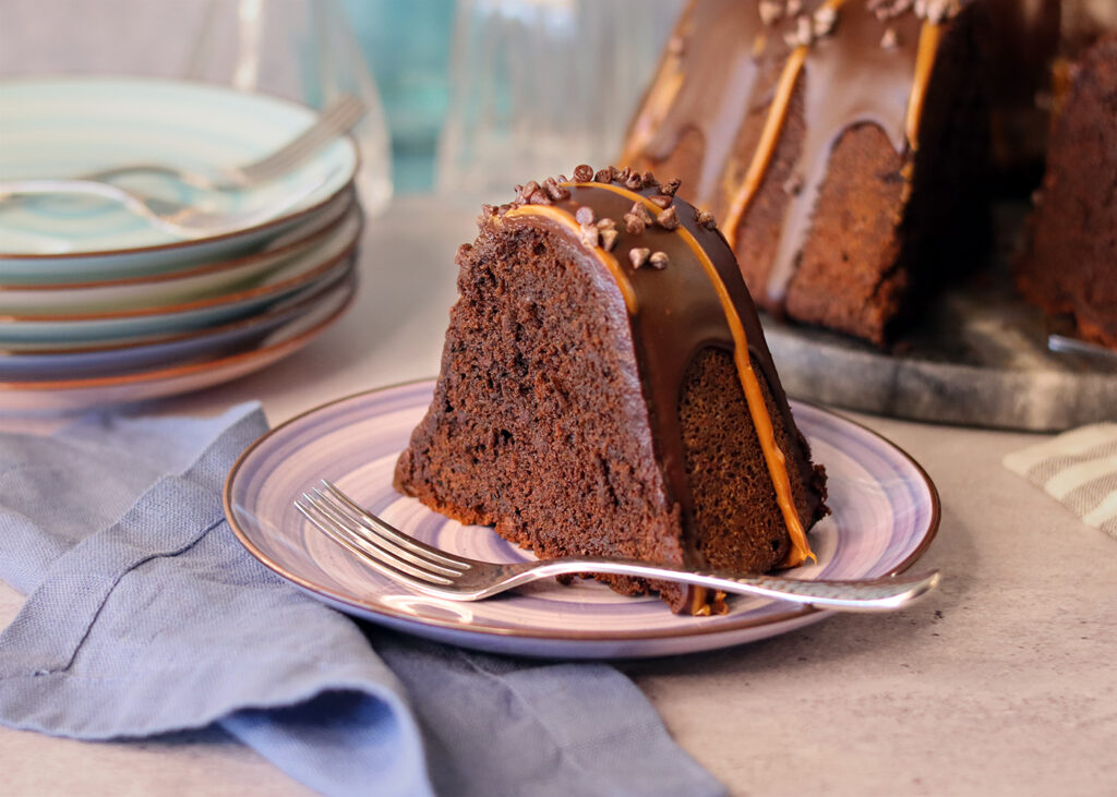 Double Chocolate Chip Pound Cake slice served on a plate.