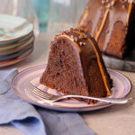Double Chocolate Chip Pound Cake slice served on a plate.