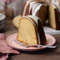 Dulce de Leche Vanilla Bean Pound Cake slice served on a small plate.