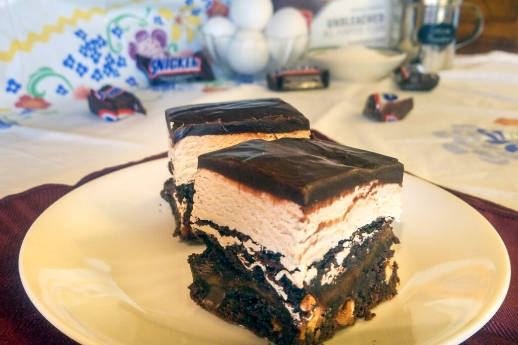 Snickers Brownies on a plate