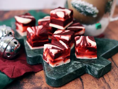 Red Velvet Fudge on a Christmas tree platter