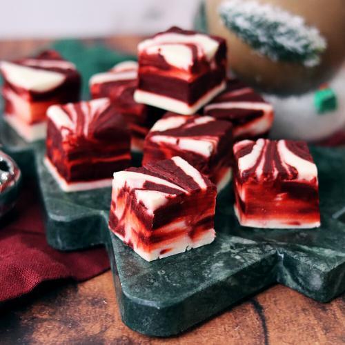 Red Velvet Fudge on a Christmas tree platter