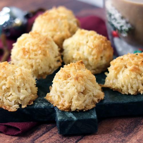 Vanilla Bean Coconut Macaroons on a Christmas tree serving board