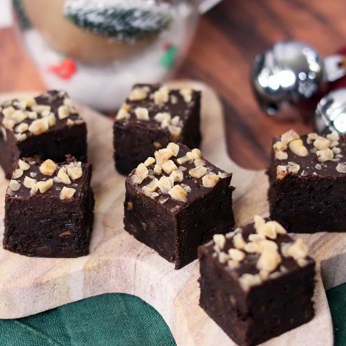 Toffee Crunch Flourless Brownies on a gingerbread man tray