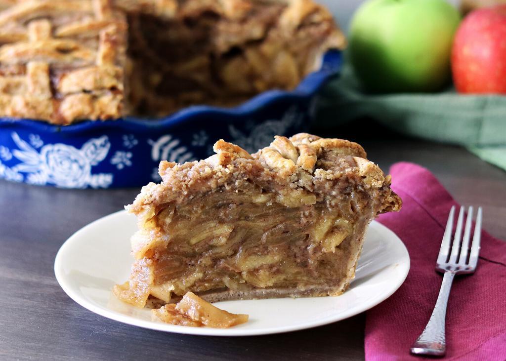 Caramel Toffee Apple Pie slice on a white plate