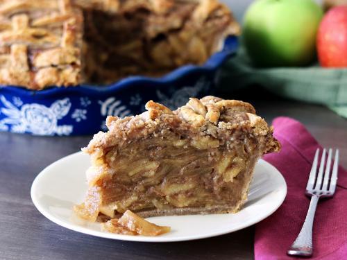 Caramel Toffee Apple Pie slice on a white plate