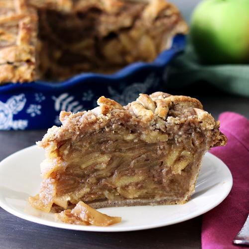 Caramel Toffee Apple Pie slice on a white plate