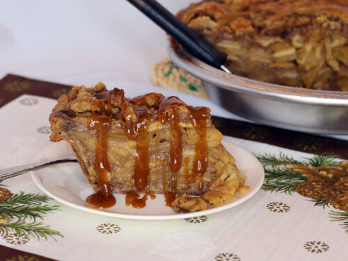 Caramel Toffee Apple Pie slice with caramel