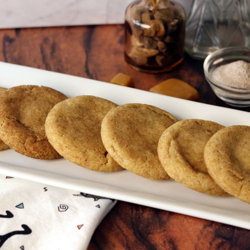 Caramel Stuffed Snickerdoodles spread on a long white platter