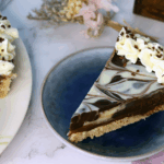 Dark chocolate caramel macaroon tart, single slice on a plate