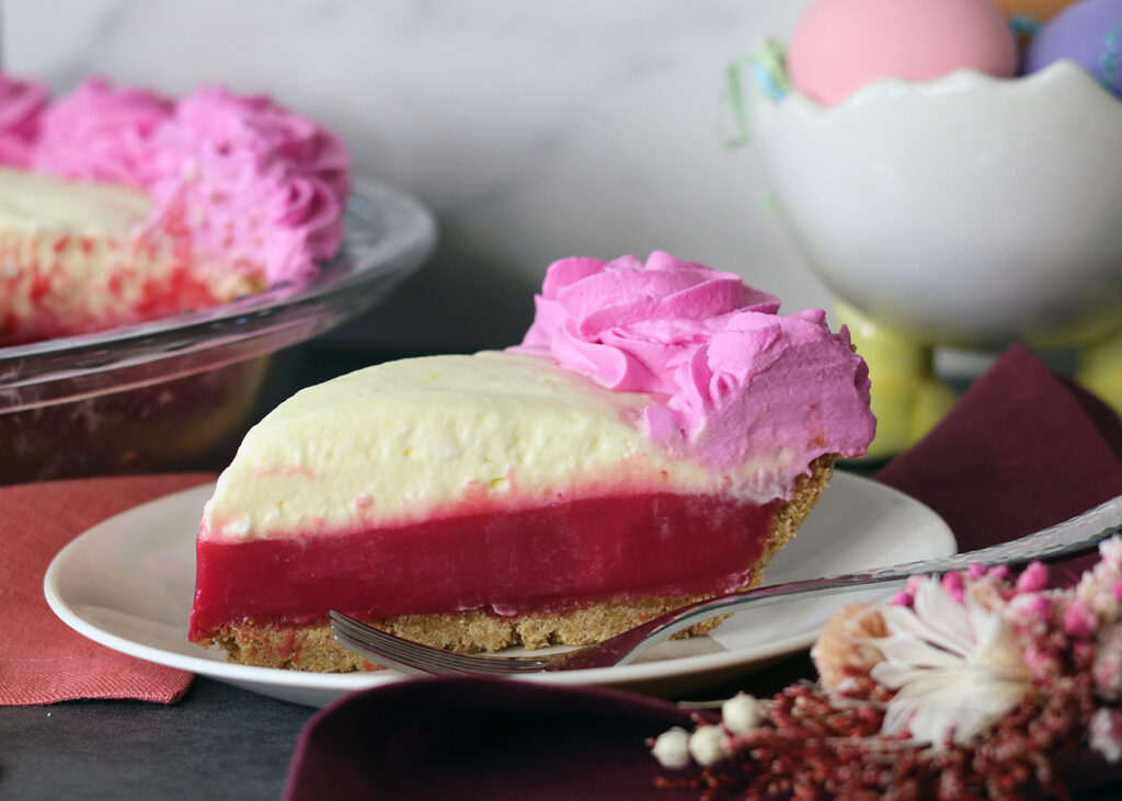 Prickly Pear Lemonade Pie slice on a white plate