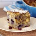Blueberry Cheesecake French Toast Bake on a white plate