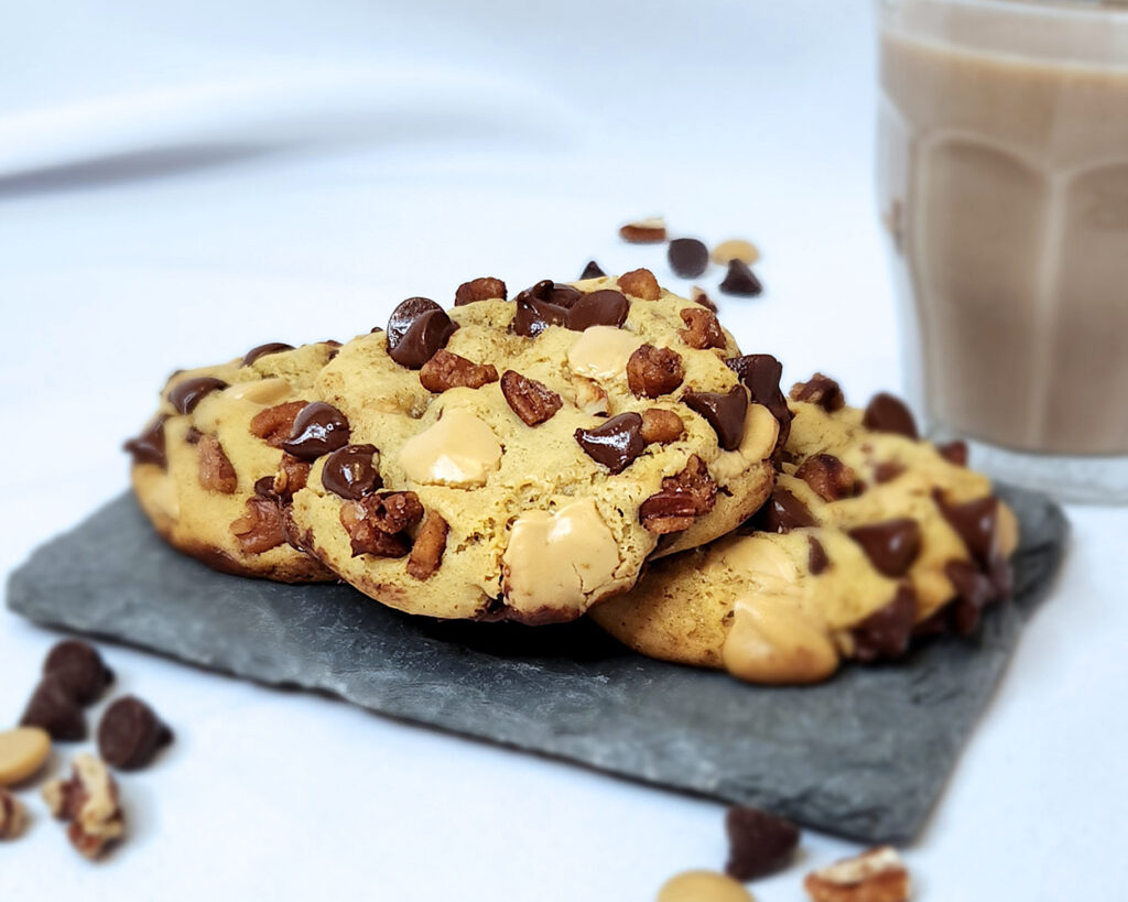 Chocolate Chip Cookies for Two on a slate board with chocolate milk