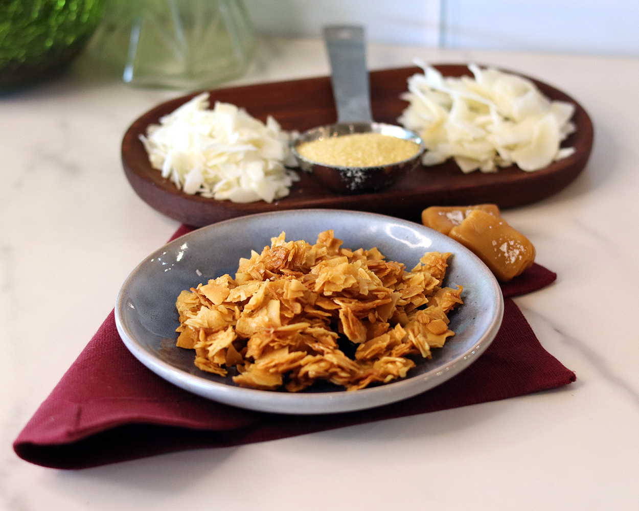 Sea Salt Caramel Coconut Chips on a small plate.