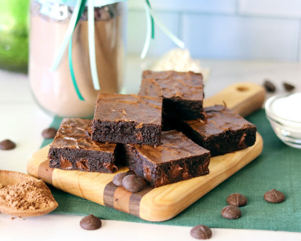 A platter of brownies baked from the DIY brownie mix.