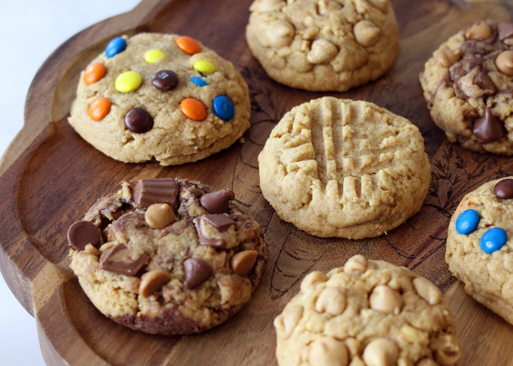 Peanut Butter Cookie variations on a wooden serving tray
