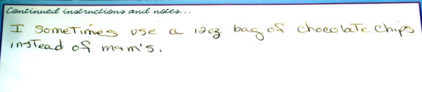 Reverse side of the Chocolate Chipper Champs recipe card showing a note from mom.