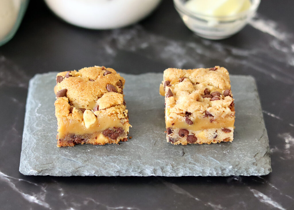 A side by side comparison between Caramel Chip Bars made with a boxed cake mix vs a homemade cake mix.