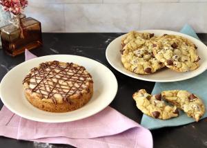 A mini chocolate chip cookie tart and chocolate chip cookies, idea for using excess dough when making a Chocolate Chip Cookie Tart