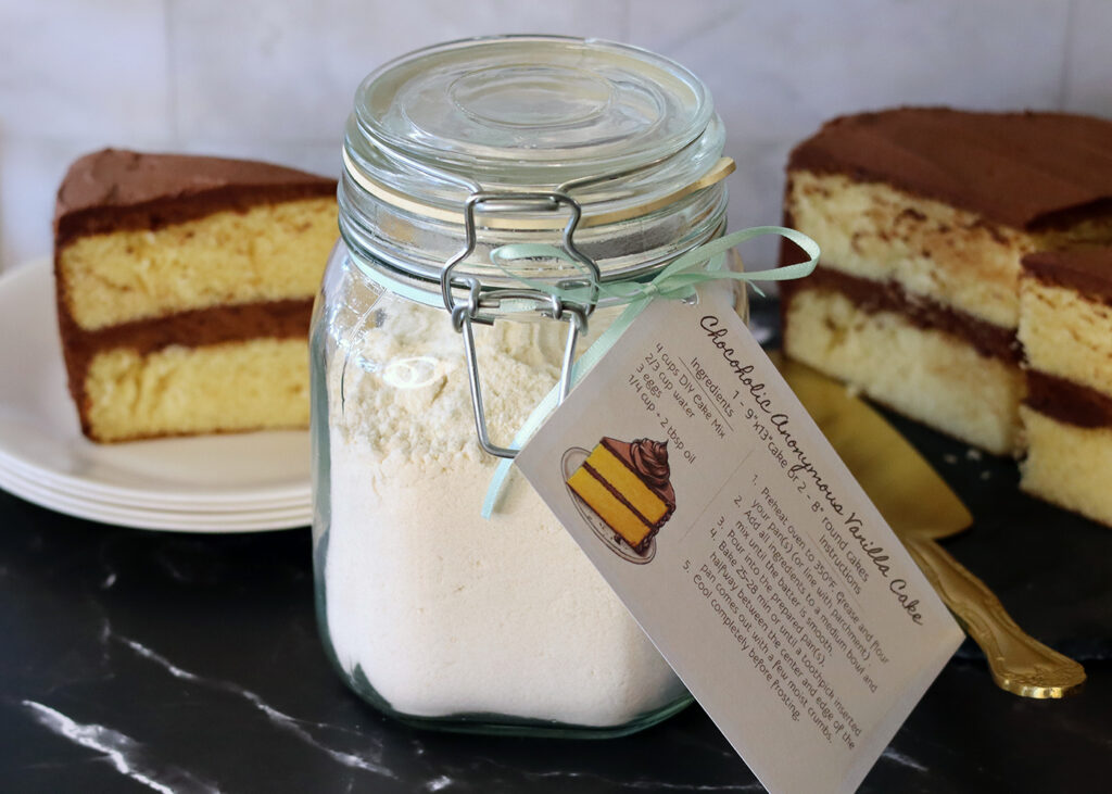 DIY Vanilla Cake Mix in front of a baked cake.