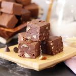 Mamie's Fudge on a small wooden plate
