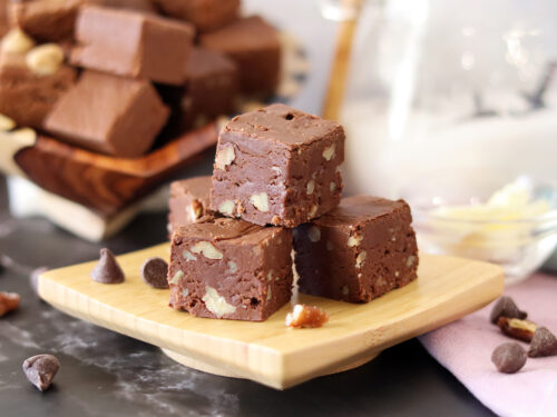 Mamie's Fudge on a small wooden plate