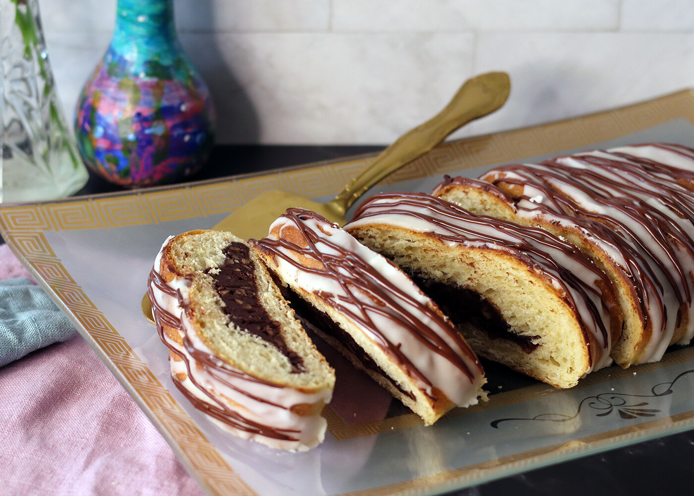 Chocolate Pecan Braid Chocolate Pecan Braid sliced on a serving platter