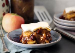 Apple Square slice on a small plate with vanilla glaze