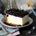 A slice of Mom's Blueberry Cheesecake on a small plate