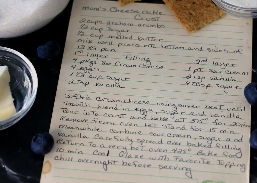 Mom's Cheesecake recipe card with ingredients