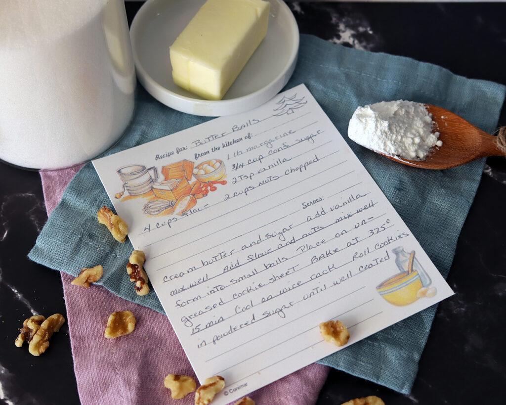 Butter balls recipe card with ingredients