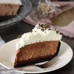 French Silk Pie slice on a white plate.