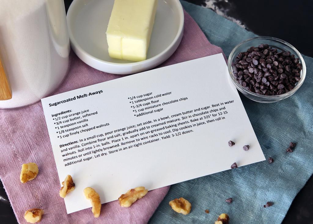 Sugar Coated Melt-Aways recipe card with ingredients