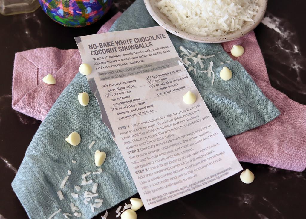 White Chocolate Coconut Snowballs recipe cutout with ingredients