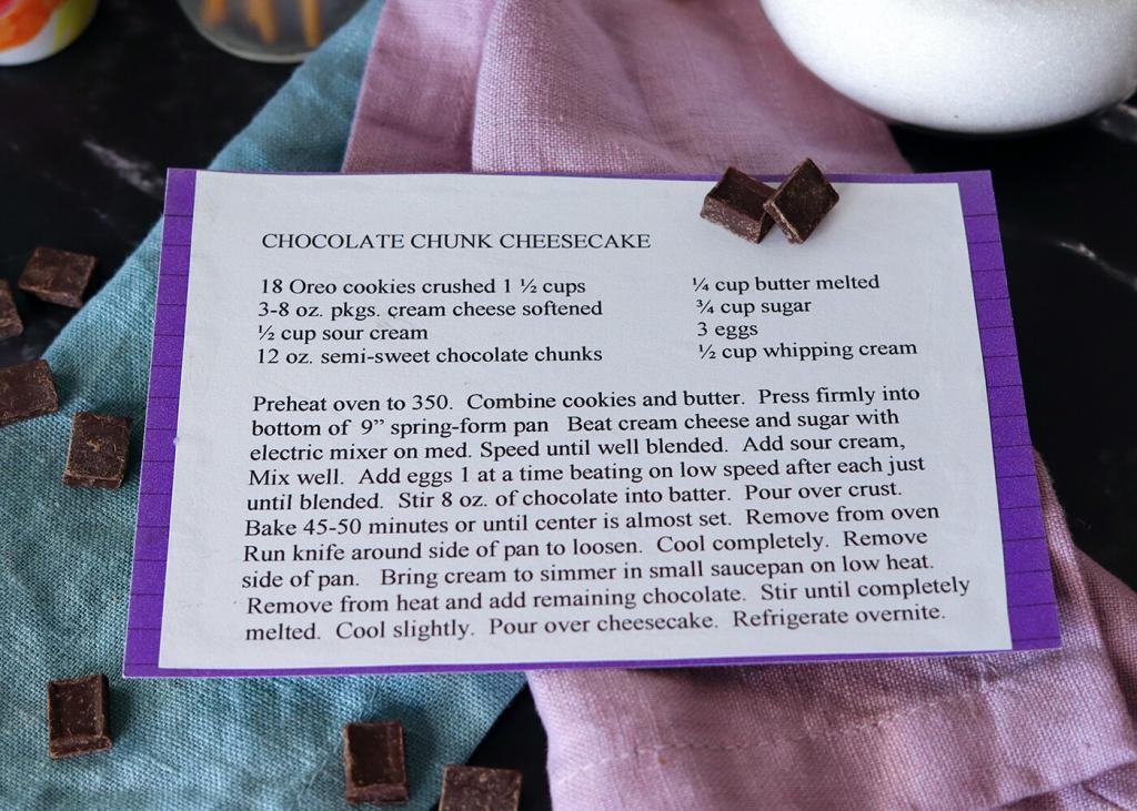 Chocolate Chunk Cheesecake recipe card