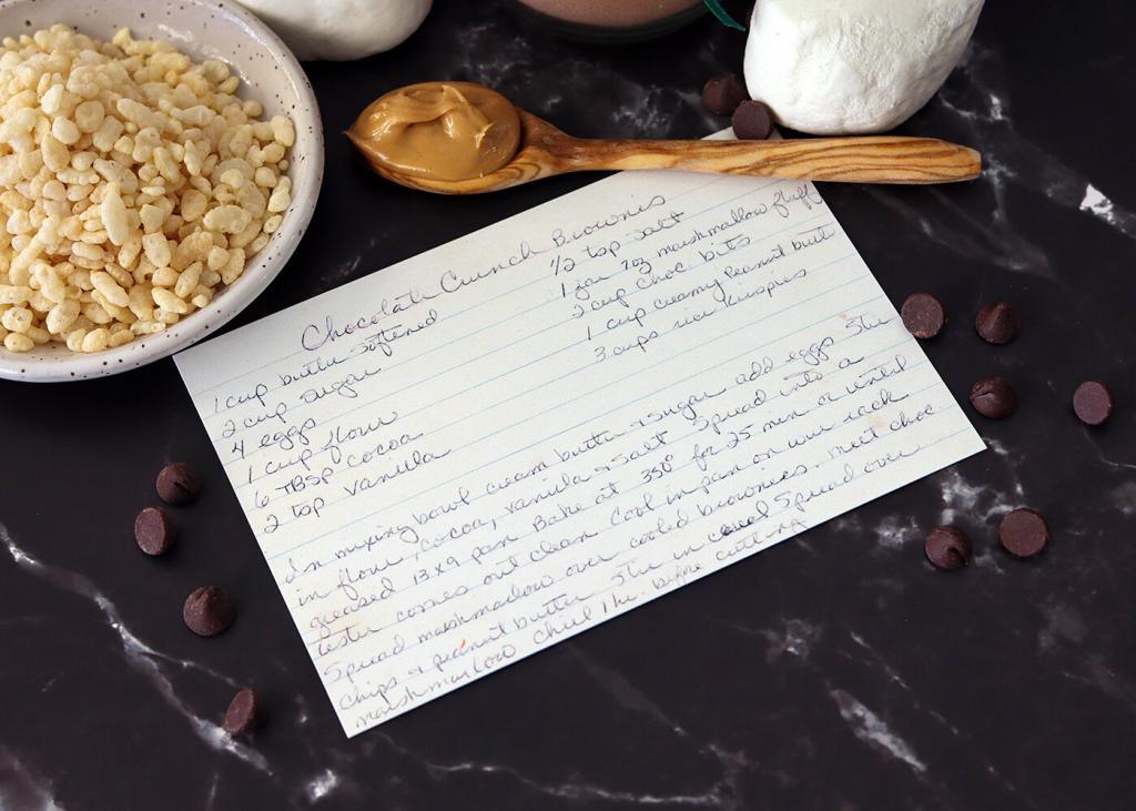 Chocolate Crunch Brownies recipe card with ingredients