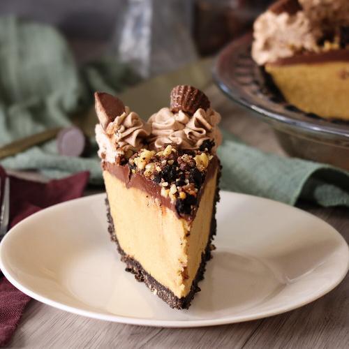 Peanut Butter Party Pie slice on a white plate.