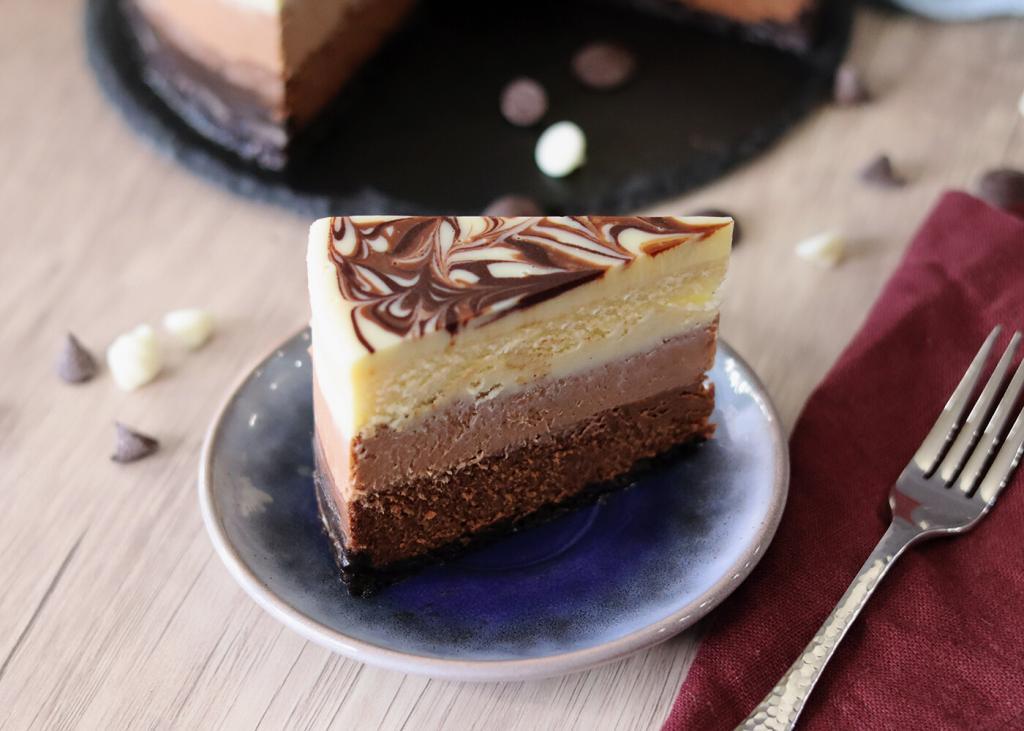 Triple Chocolate Cheesecake slice close up, top down view.