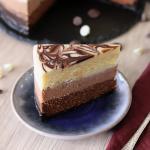 Triple Chocolate Cheesecake slice close up, top down view.