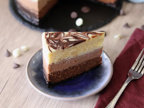 Triple Chocolate Cheesecake slice close up, top down view.