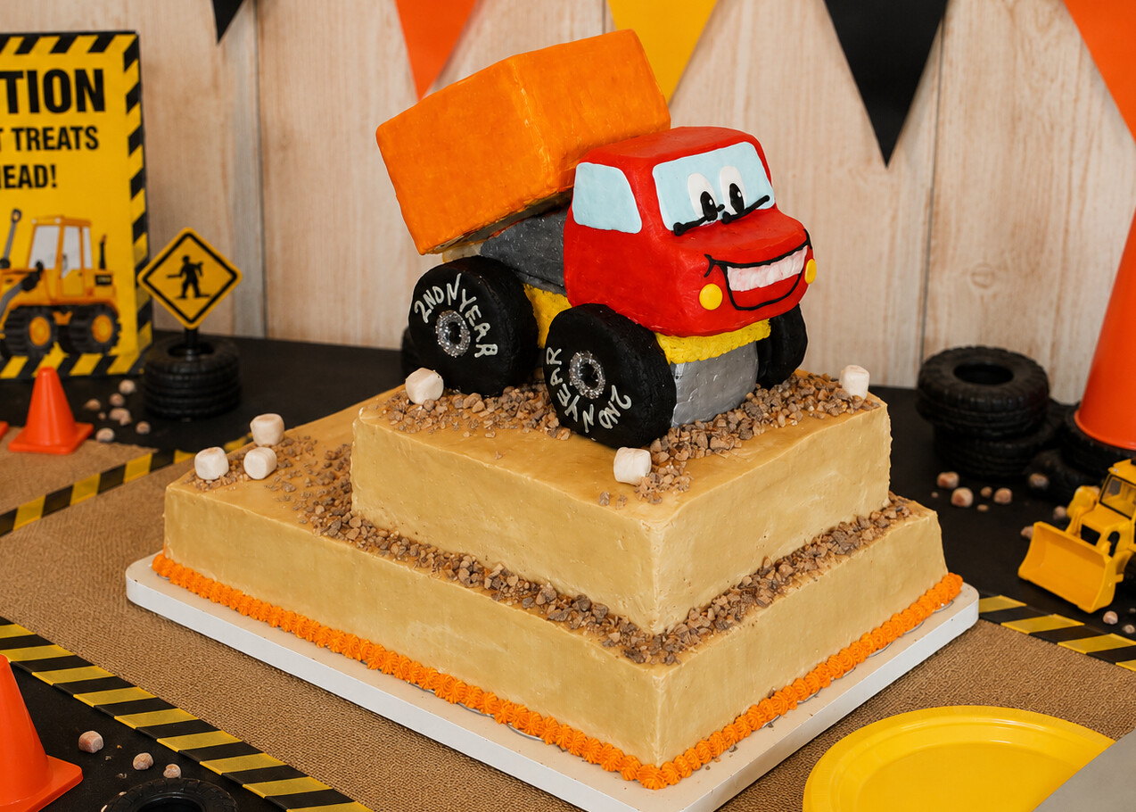 A cake sculpted to resemble a red, orange and yellow toy dump truck on top of a two tiered rectangular cake.